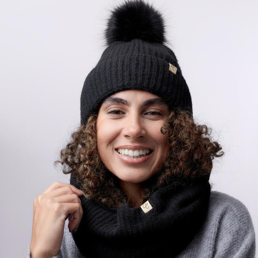 Only Curls Satin Lined Pom Beanie and Snood Set Sadie in Black