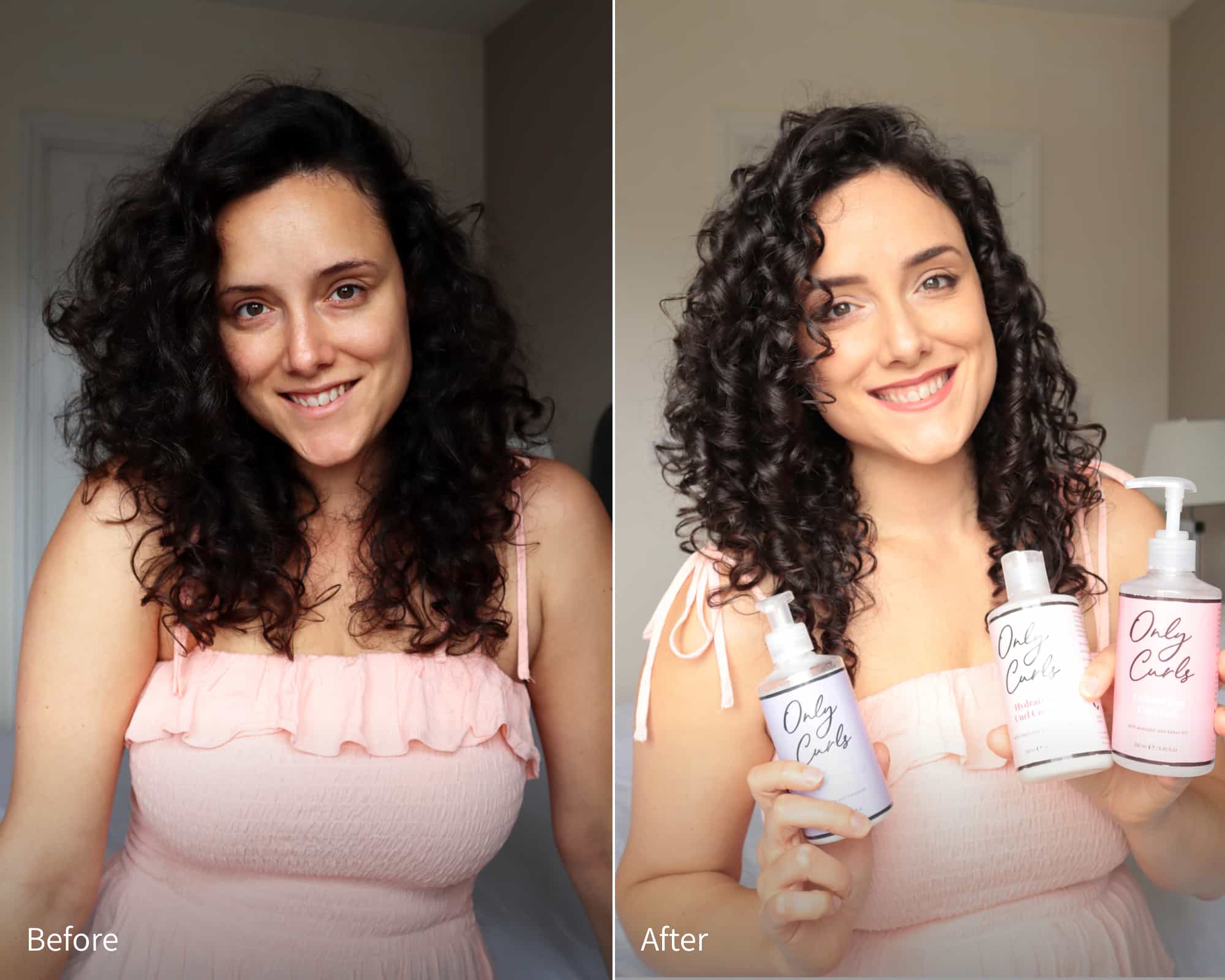 Curly Kath before and after using Only Curls to get rid of her frizz