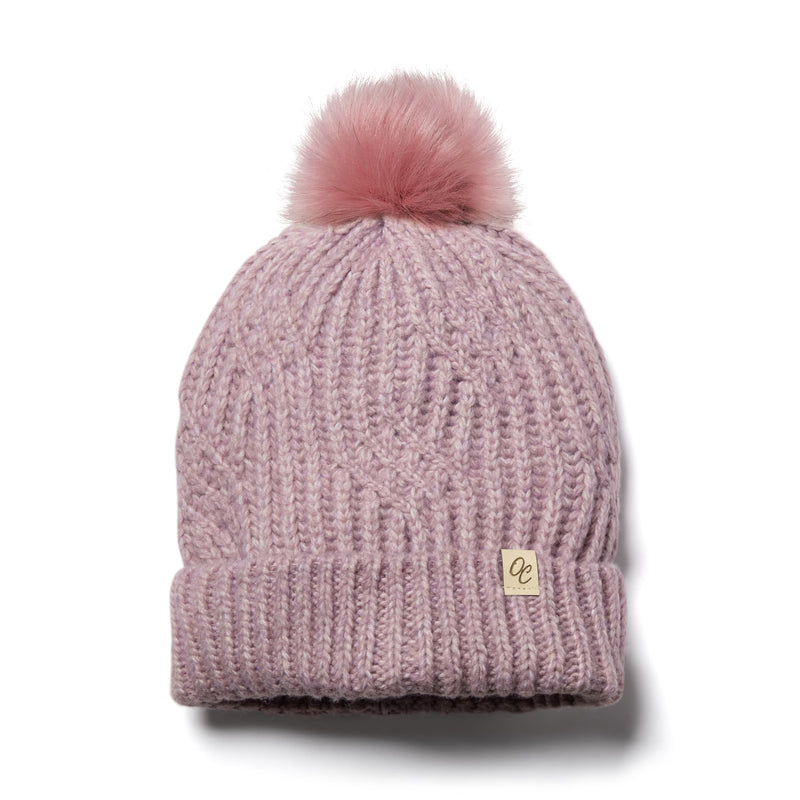 Satin Lined Knitted Beanie Hat Dusty Pink Pom Pom
