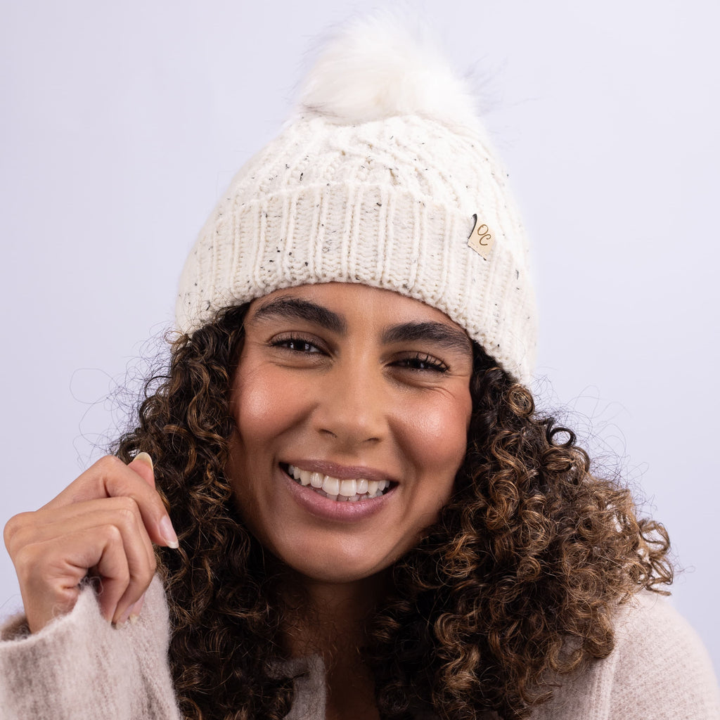 Only Curls Satin Lined Knitted Beanie Hat - Cream Fleck with Pom Pom - Only Curls