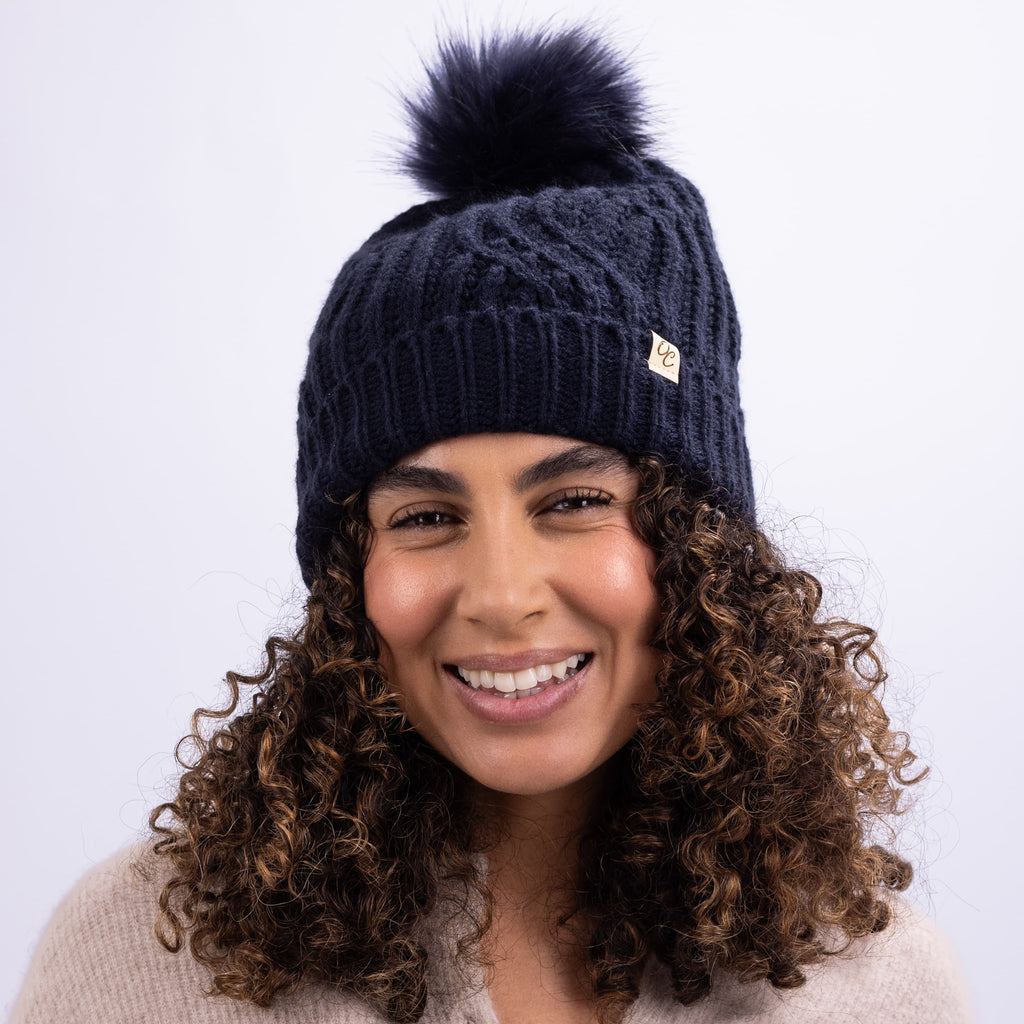 Only Curls Satin Lined Knitted Beanie Hat - Navy with Pom Pom - Only Curls
