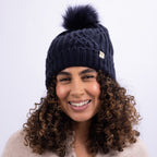 Only Curls Satin Lined Knitted Beanie Hat - Navy with Pom Pom - Only Curls