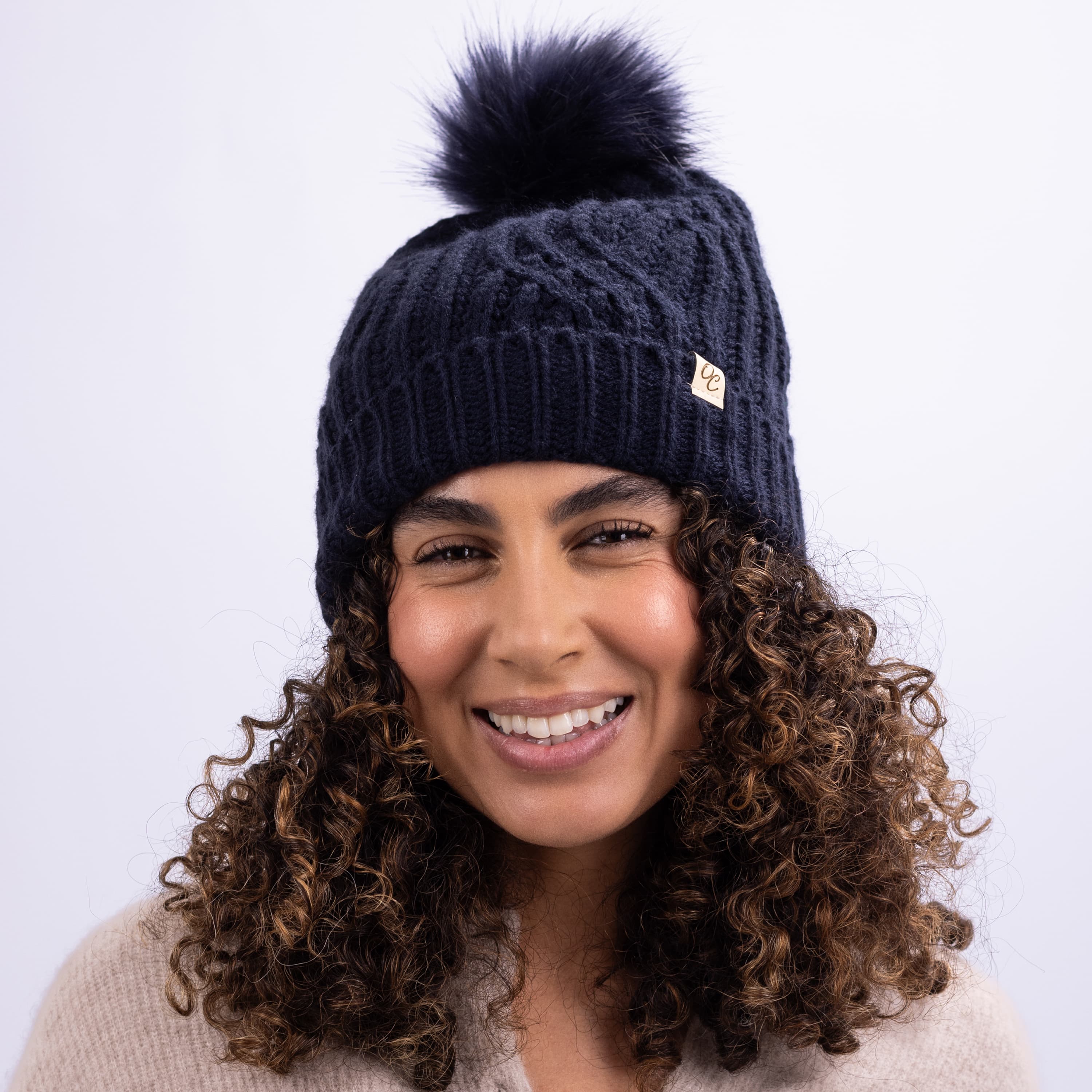 Only Curls Satin Lined Knitted Beanie Hat - Navy with Pom Pom - Only Curls