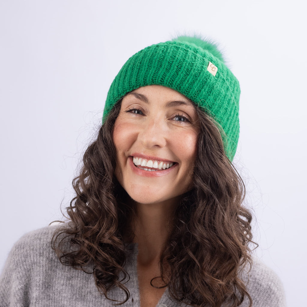Only Curls Satin Lined Beanie with Pom - Carrie in Emerald Green - Only Curls