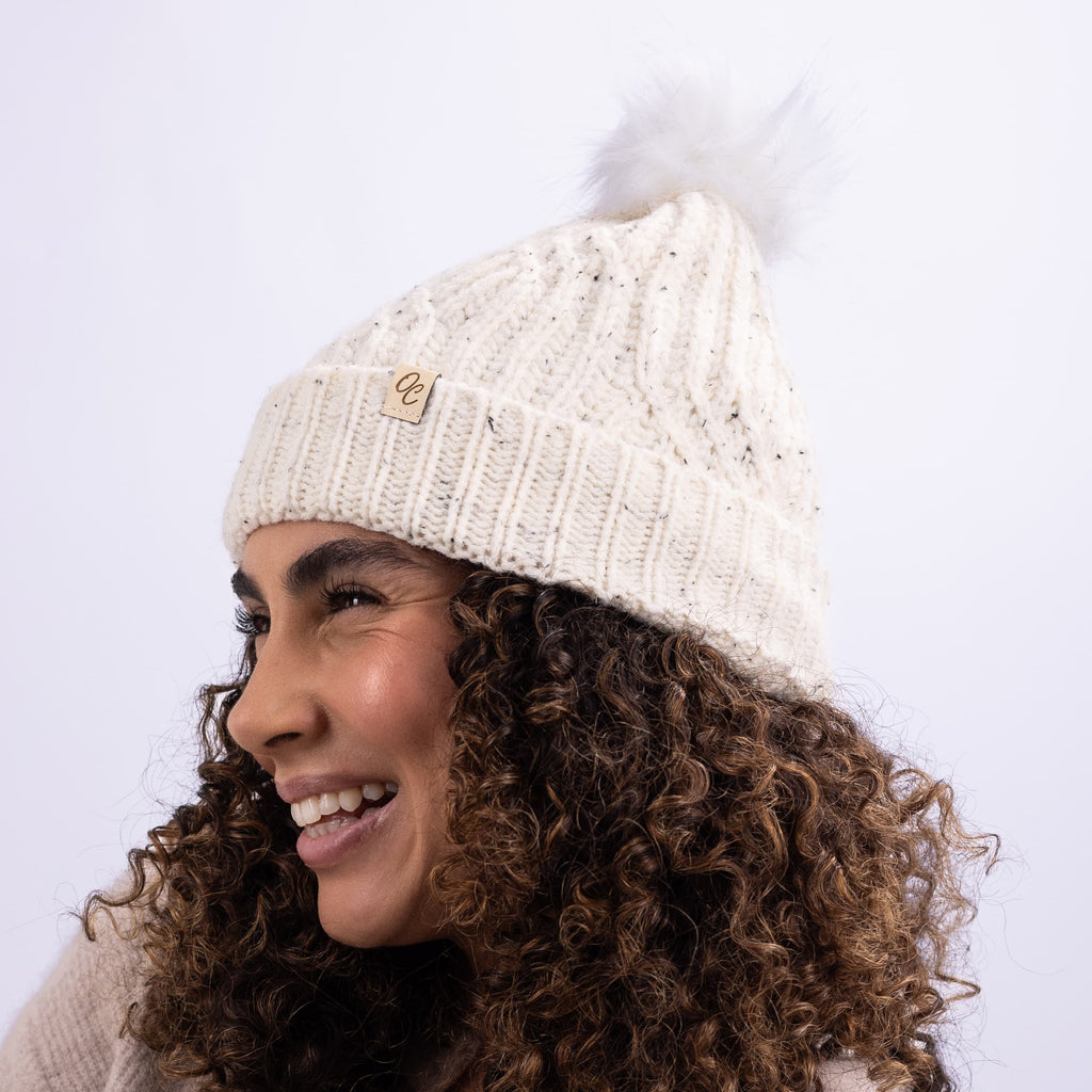 Only Curls Satin Lined Knitted Beanie Hat - Cream Fleck with Pom Pom - Only Curls