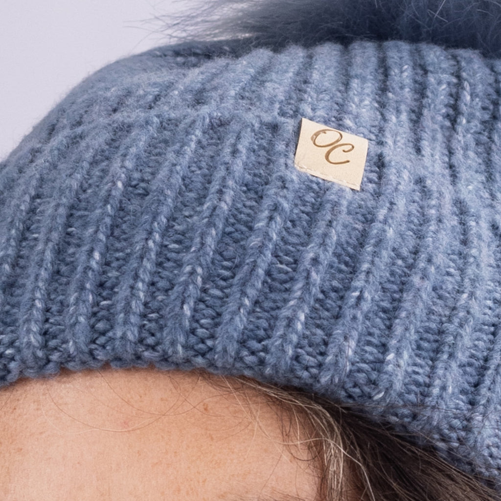 Only Curls Satin Lined Beanie with Pom - Carrie in Dusty Blue - Only Curls