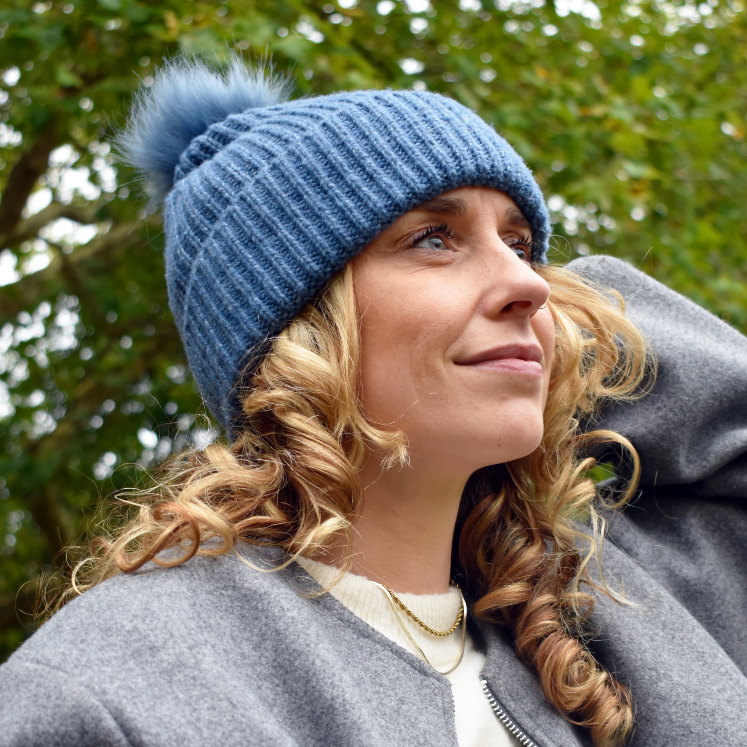 Only Curls Satin Lined Beanie with Pom - Carrie in Dusty Blue - Only Curls
