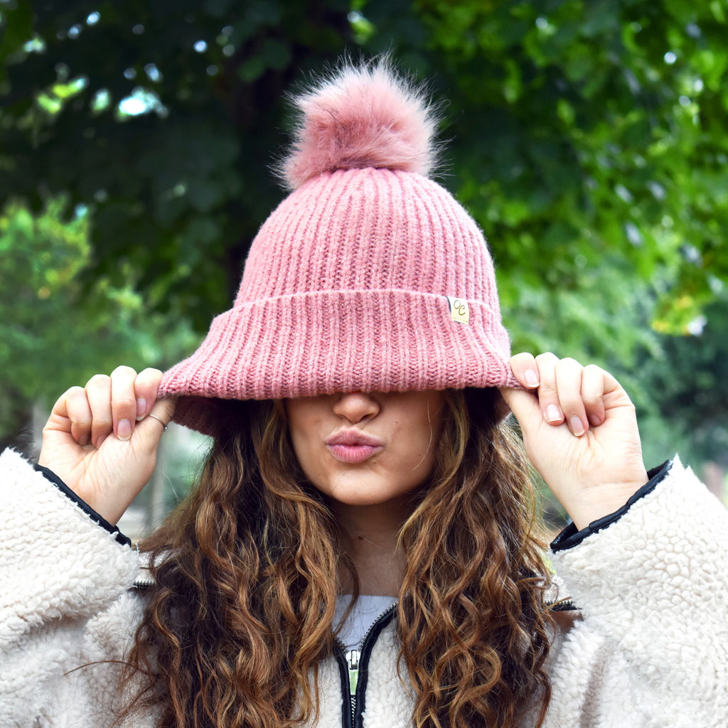 Only Curls Satin Lined Beanie with Pom - Carrie in Dusty Pink - Only Curls