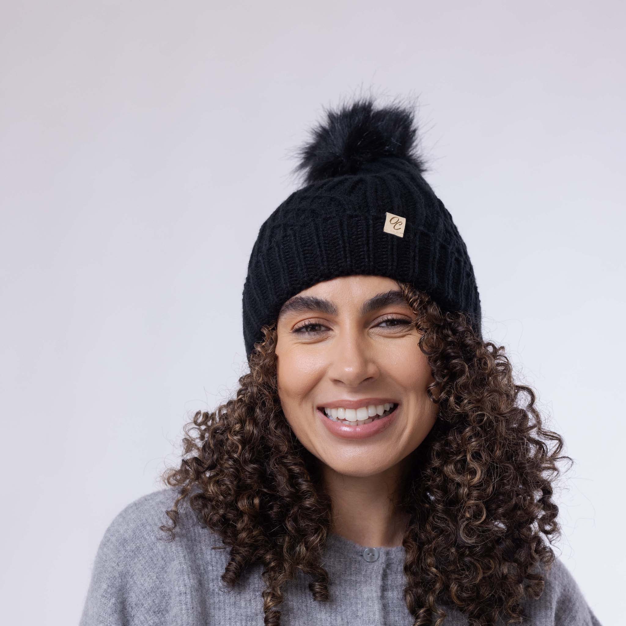 Only Curls Satin Lined Knitted Beanie Hat Black with Pom Pom