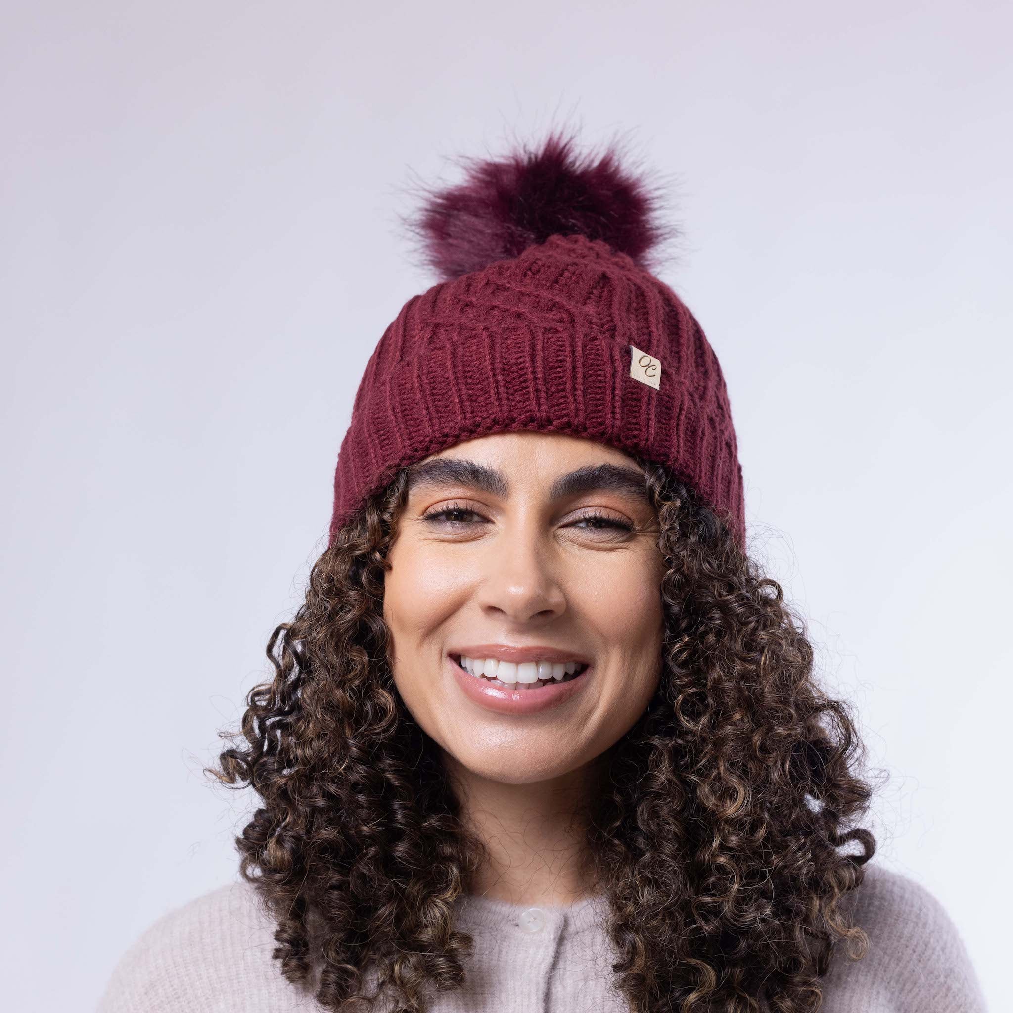 Only Curls Satin Lined Knitted Beanie Hat Burgundy with Pom Pom