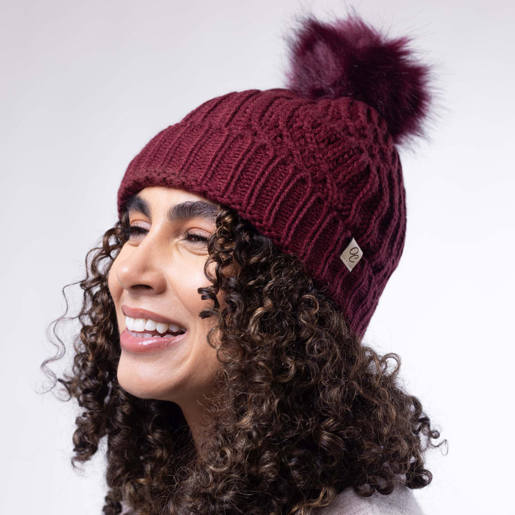 Only Curls Satin Lined Knitted Beanie Hat - Burgundy with Pom Pom - Only Curls