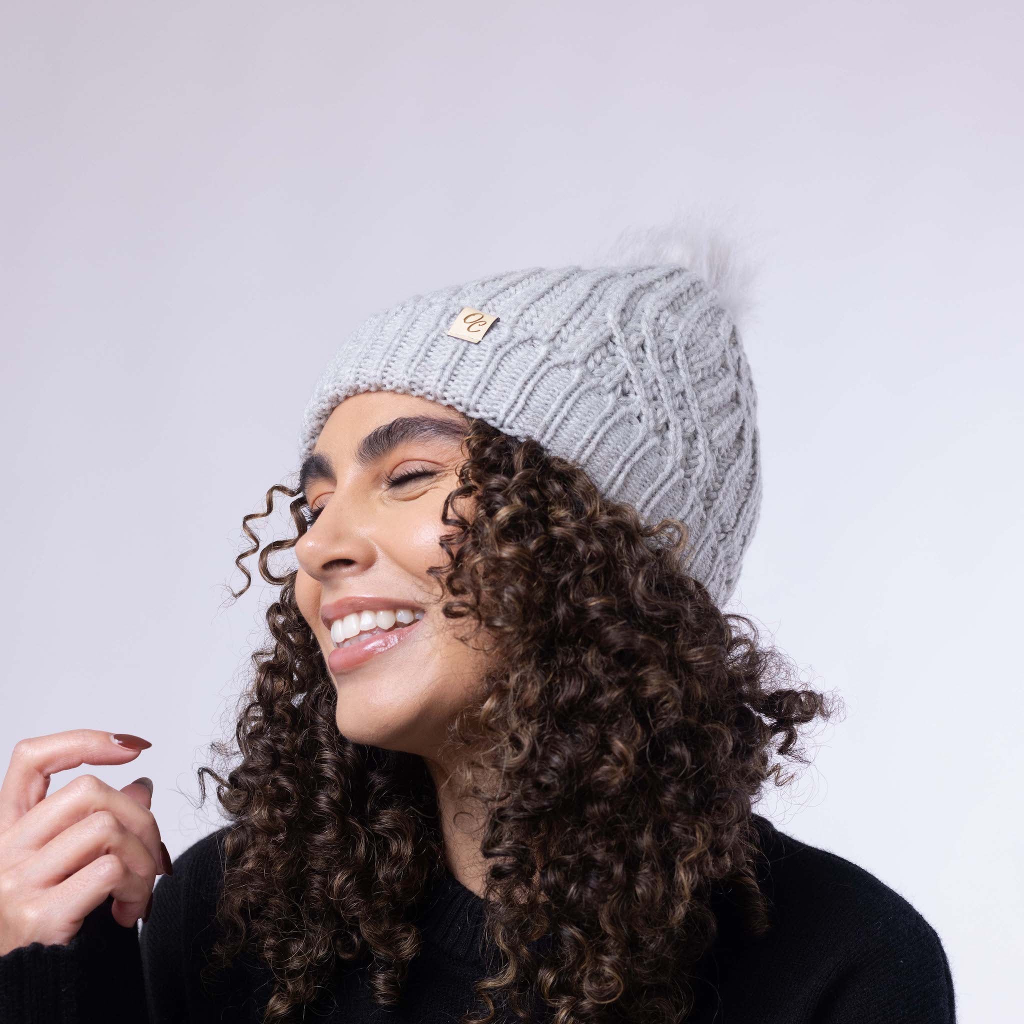 Only Curls Satin Lined Knitted Beanie Hat Grey with Pom Pom