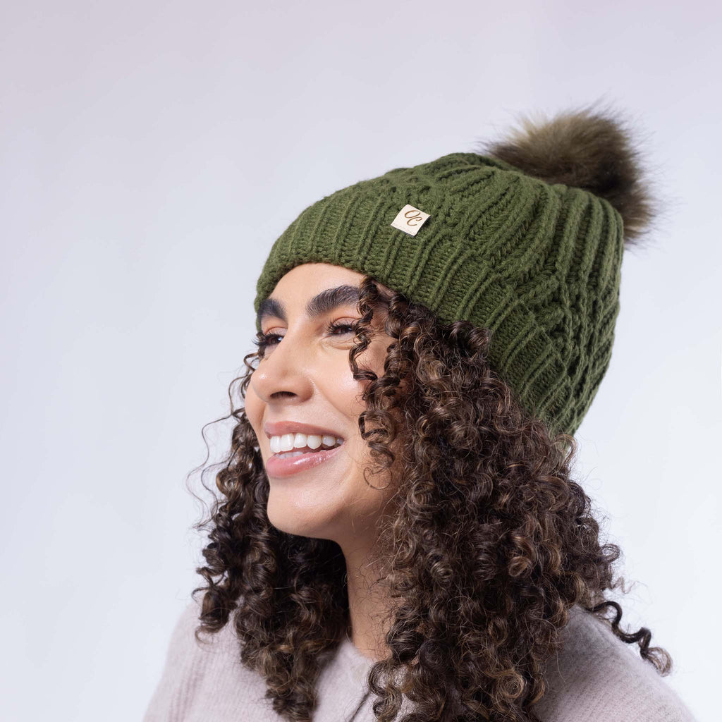 Only Curls Satin Lined Knitted Beanie Hat - Olive with Pom Pom - Only Curls