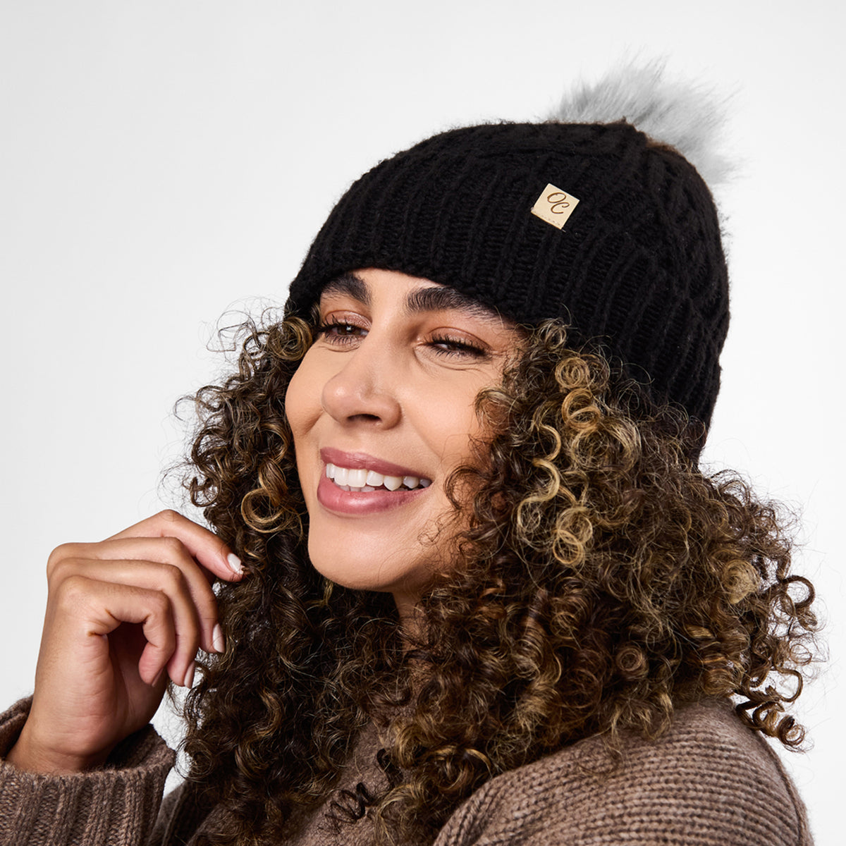 Only Curls Black Cable Knit Satin-Lined Beanie with Pom - Only Curls