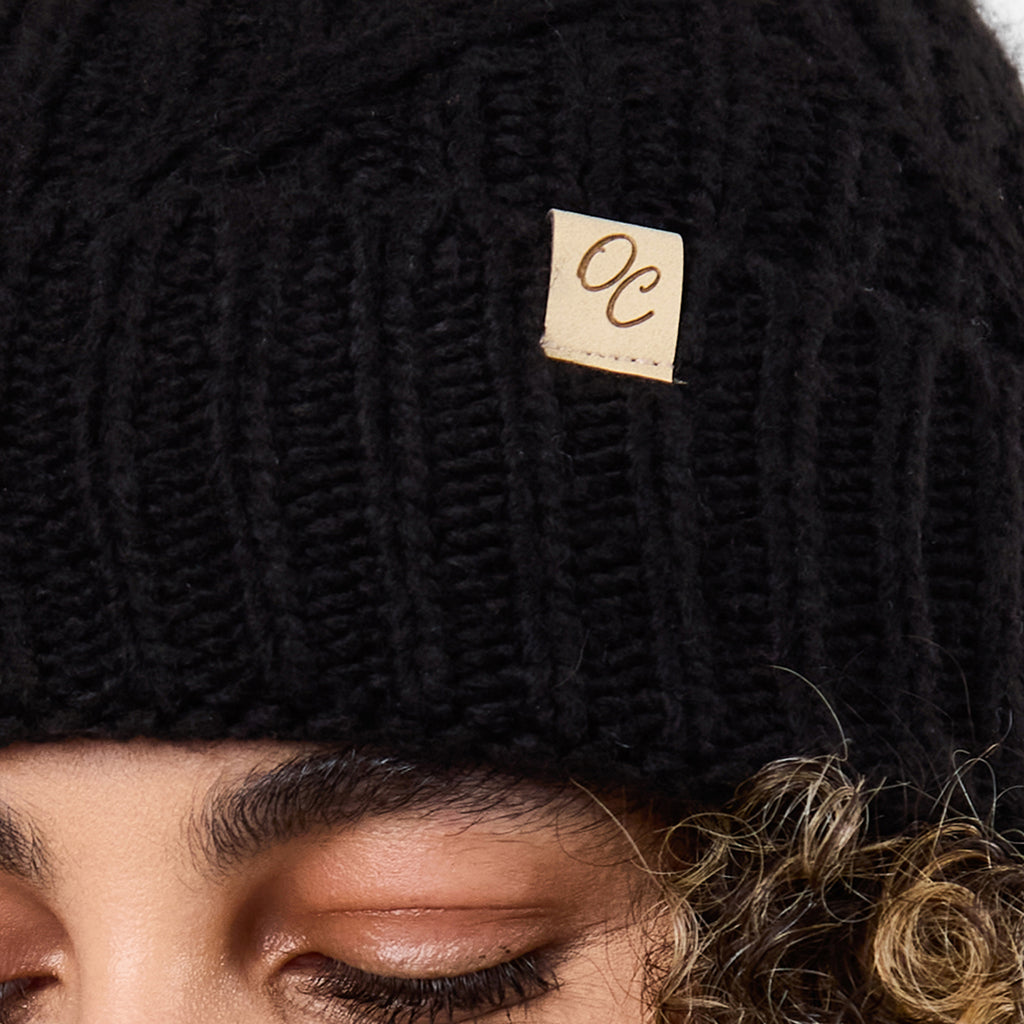 Only Curls Black Cable Knit Satin-Lined Beanie with Pom - Only Curls