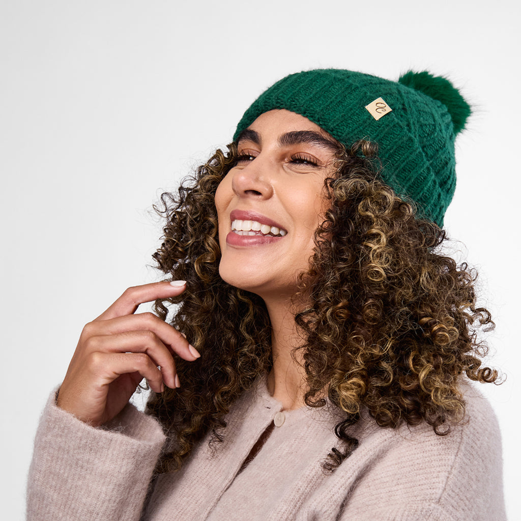 Only Curls Forest Green Cable Knit Satin-Lined Beanie - Only Curls