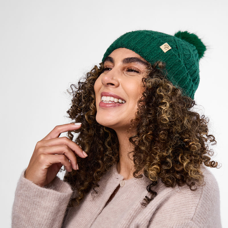 Forest Green Cable Knit Satin Lined Beanie