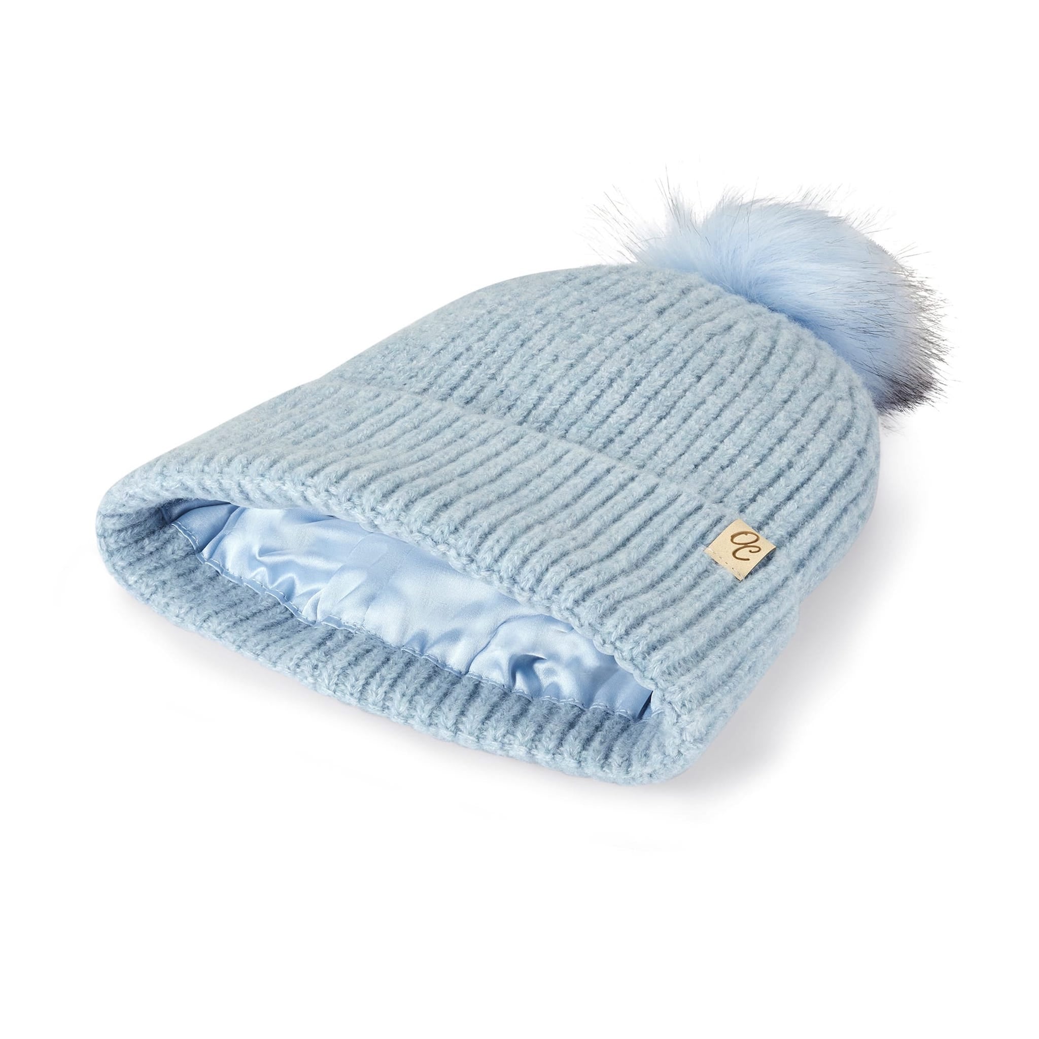 Only Curls Satin Lined Beanie with Pom - Carrie in Light Blue - Only Curls