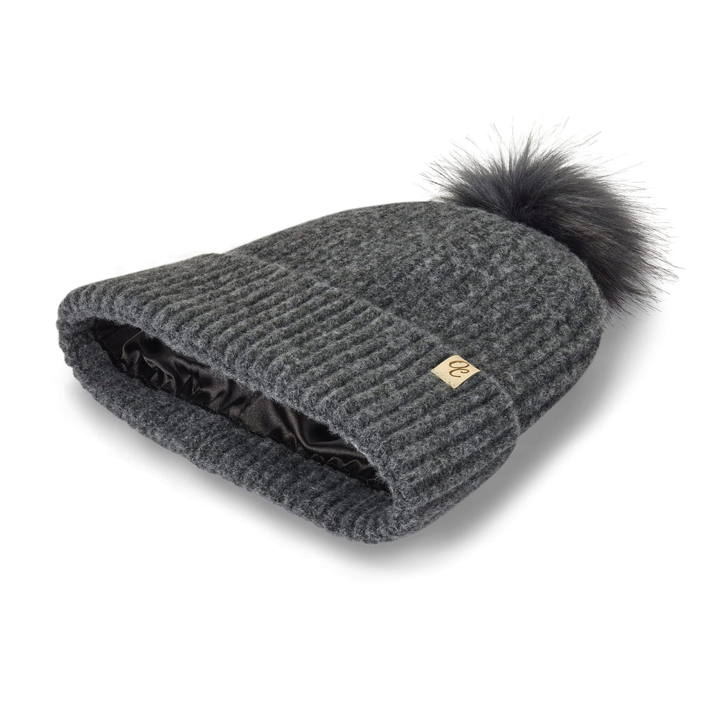 Only Curls Satin Lined Beanie with Pom - Carrie in Dark Grey - Only Curls