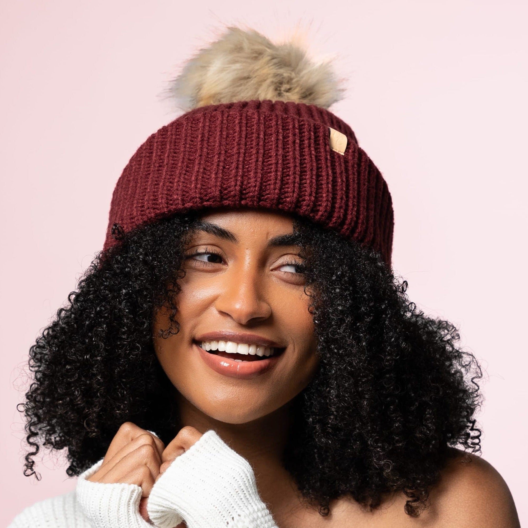 Only Curls Chunky Satin Lined Beanie - Burgundy with Pom Pom - Only Curls