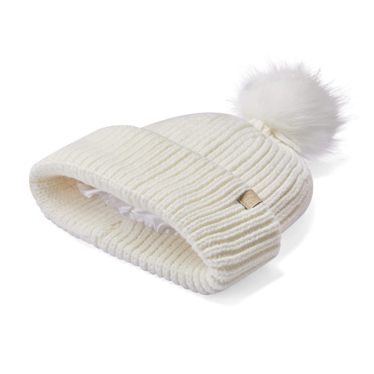 Only Curls Chunky Satin Lined Beanie - Cream with Pom Pom - Only Curls