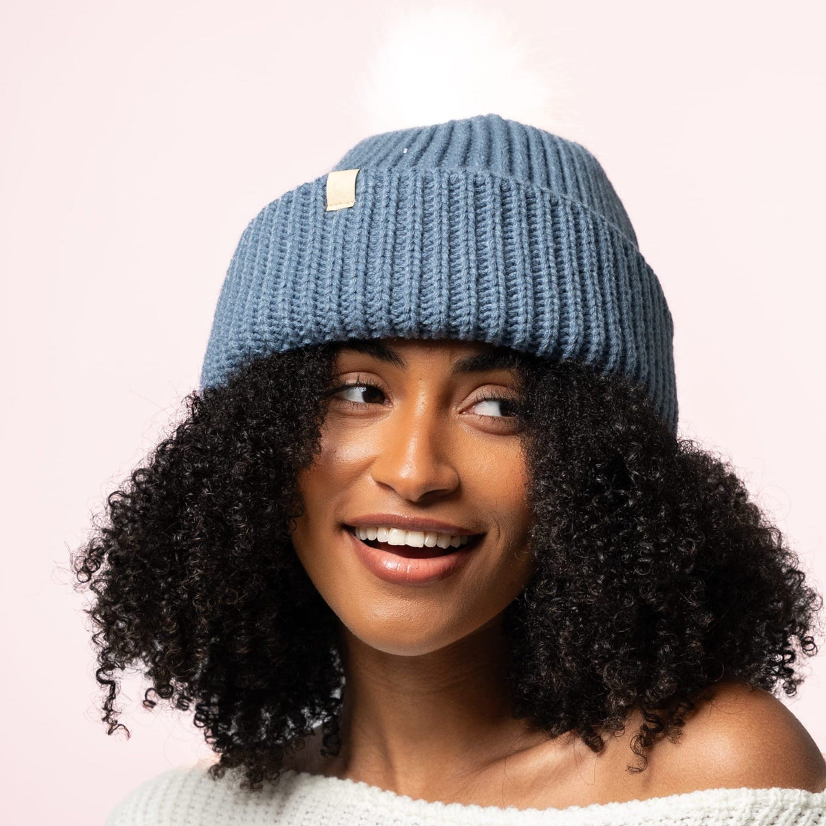 Only Curls Chunky Satin Lined Beanie - Dusty Blue with Pom Pom - Only Curls