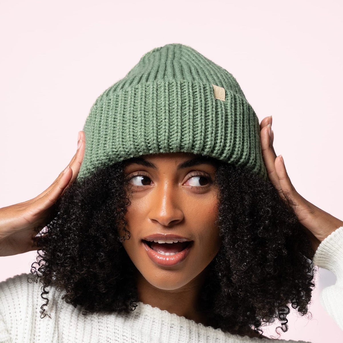 Only Curls Chunky Satin Lined Beanie - Olive - Only Curls