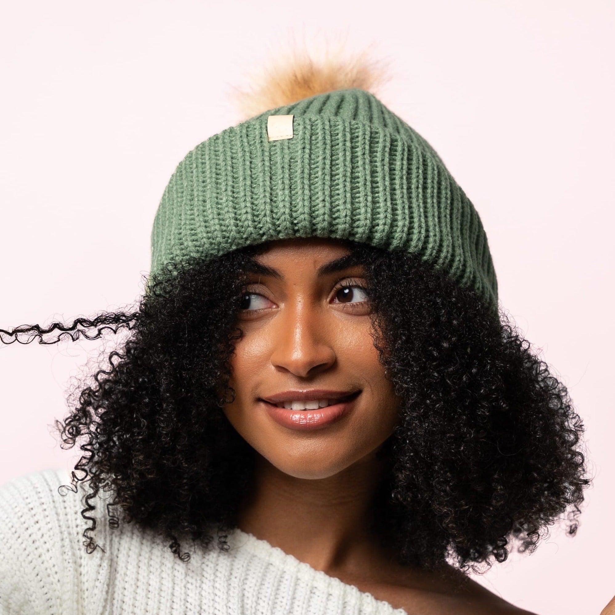 Only Curls Chunky Satin Lined Beanie - Olive with Pom Pom - Only Curls