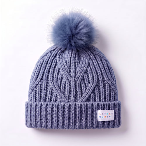 Little Curls Dusty Blue Cable Knit Satin-Lined Beanie - Only Curls