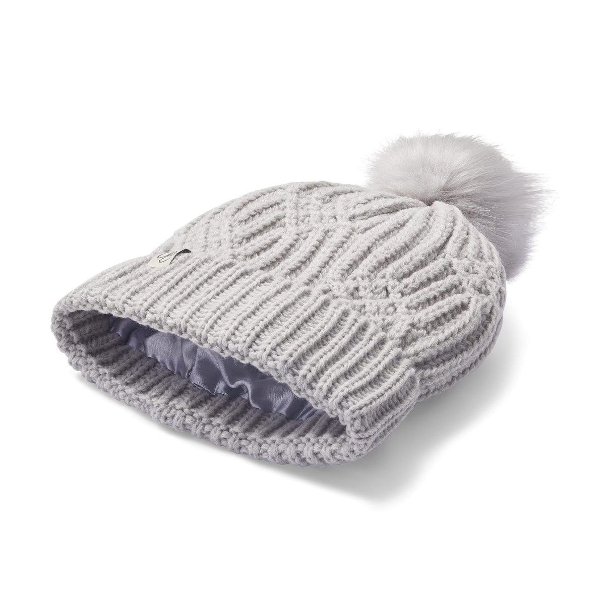 Only Curls Satin Lined Knitted Beanie Hat - Grey with Pom Pom - Only Curls
