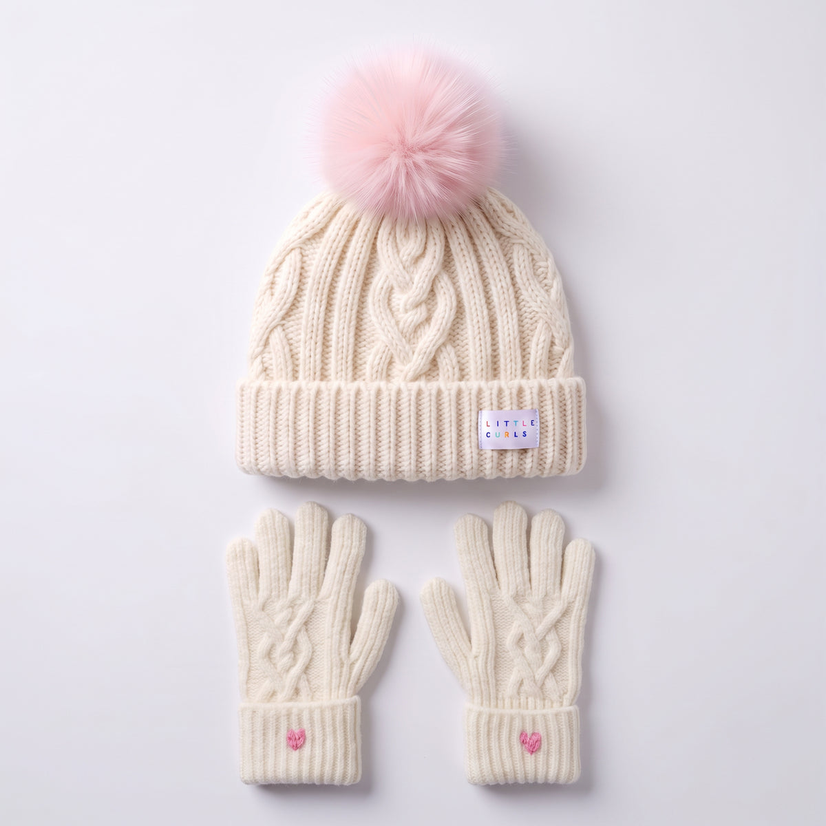 Little Curls Ivory Cable Knit Satin-Lined Beanie & Glove Set