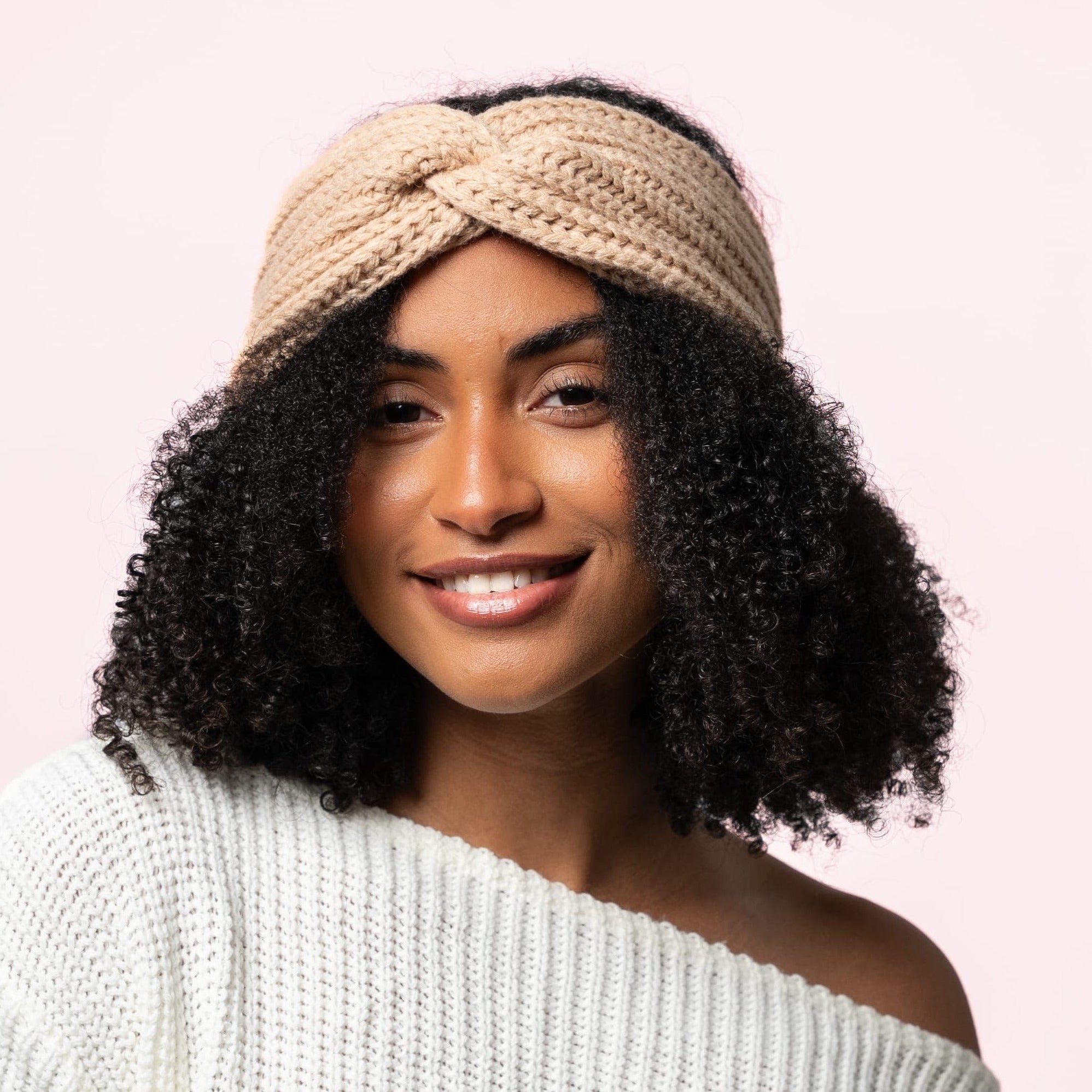 Only Curls Satin Lined Knitted Headband - Sand - Only Curls