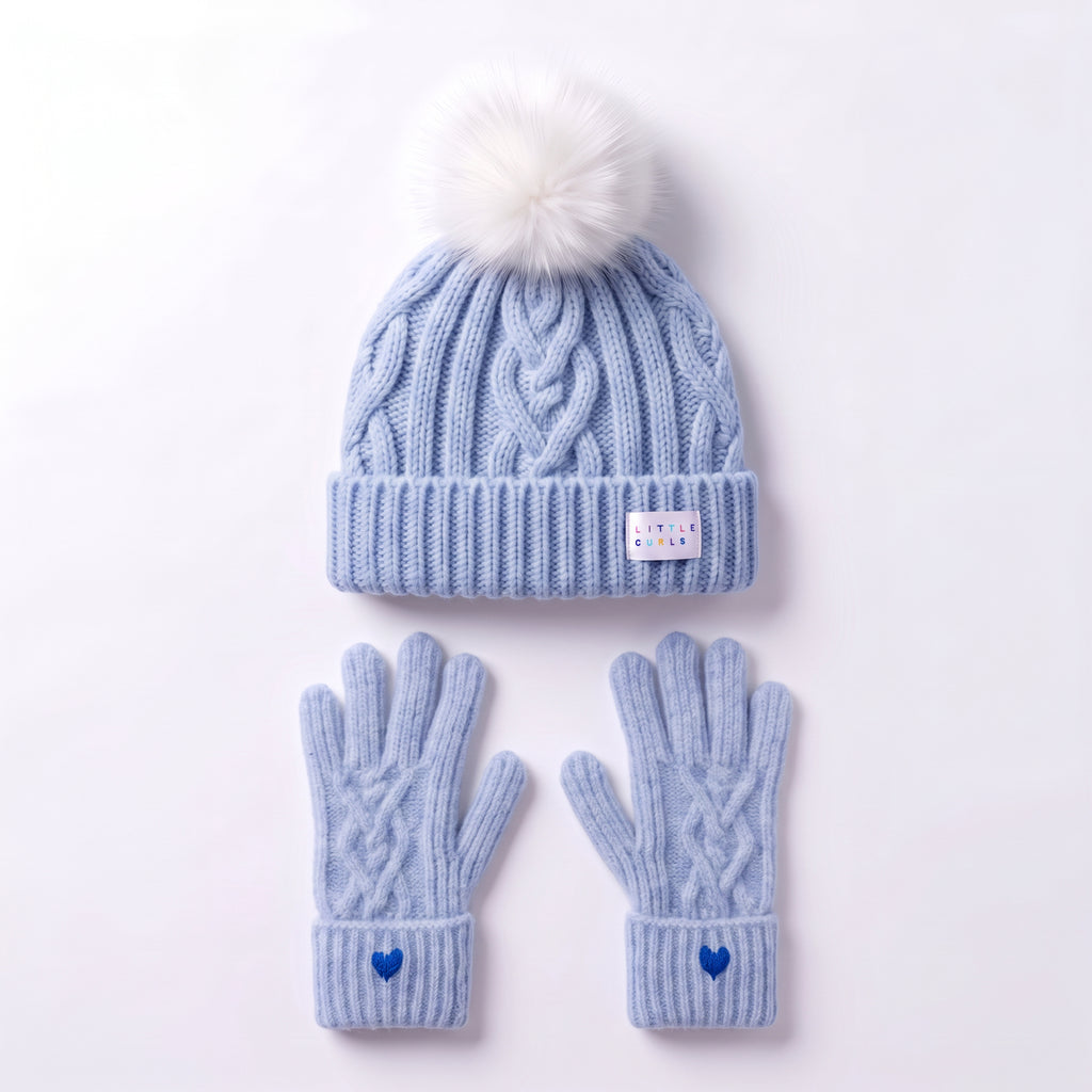 Little Curls Powder Blue Cable Knit Satin-Lined Beanie & Glove Set - Only Curls