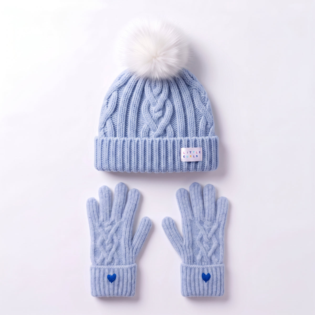 Little Curls Powder Blue Cable Knit Satin-Lined Beanie & Glove Set - Only Curls