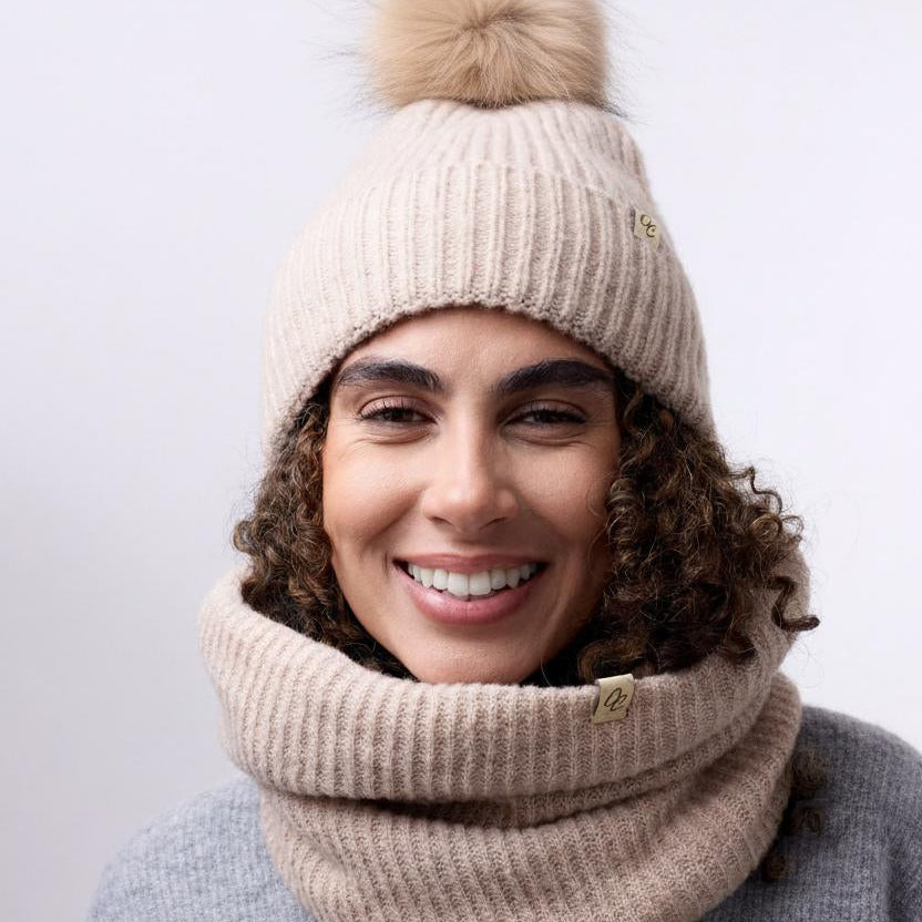 Only Curls Satin Lined Pom Beanie and Snood Set Sadie in Sand