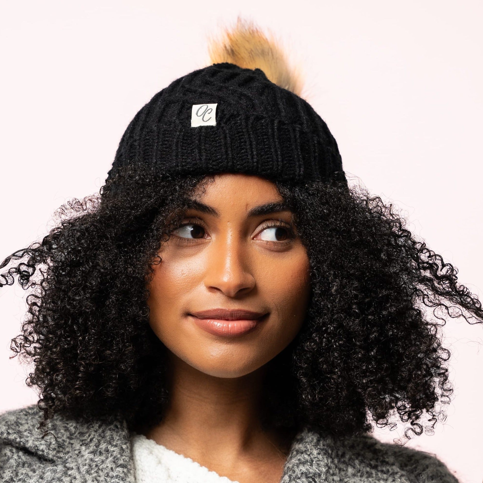 Only Curls Satin Lined Knitted Beanie Hat - Black with Taupe Pom Pom - Only Curls