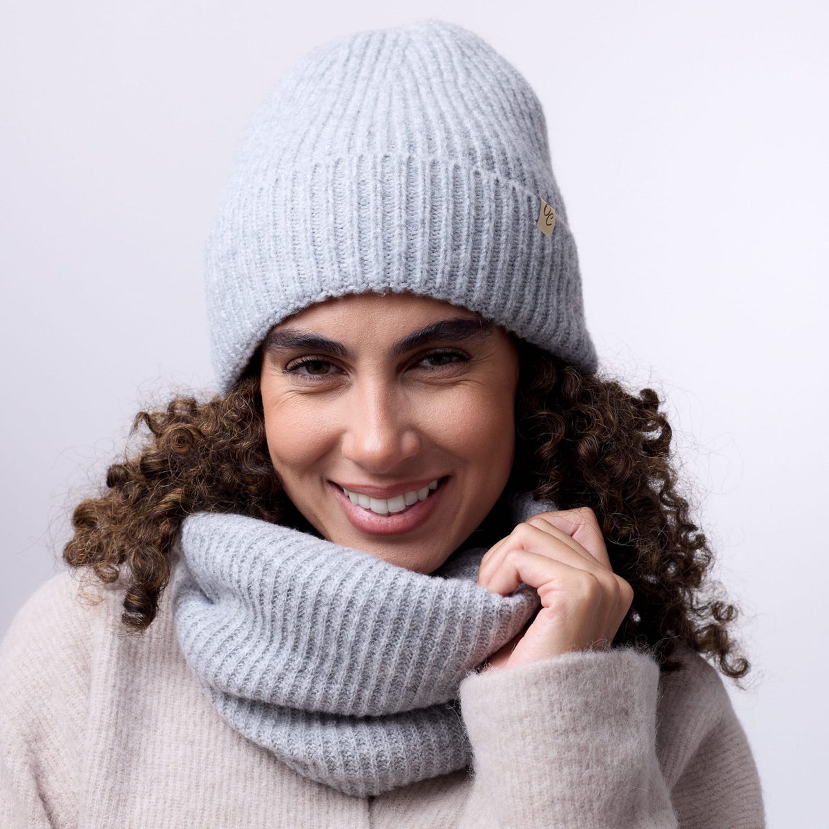 Only Curls Satin Lined Beanie and Snood Set - Sophia in Grey