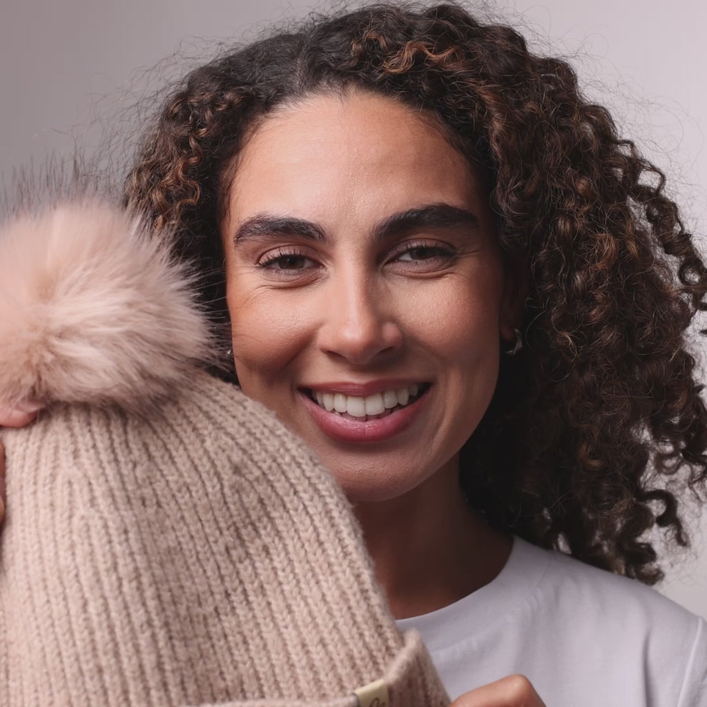 Only Curls Satin Lined Beanie with Pom - Carrie in Sand