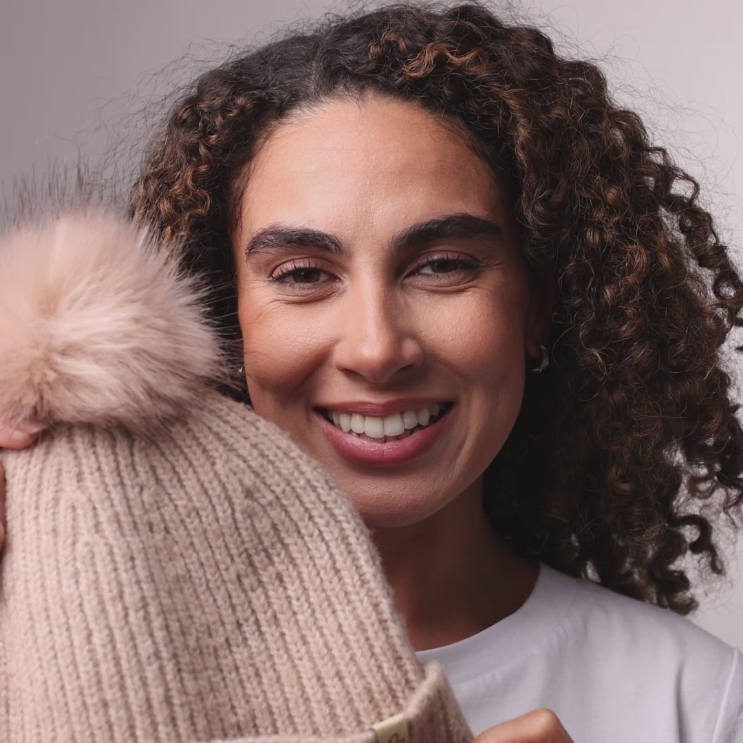 Only Curls Satin Lined Beanie with Pom - Carrie in Sand