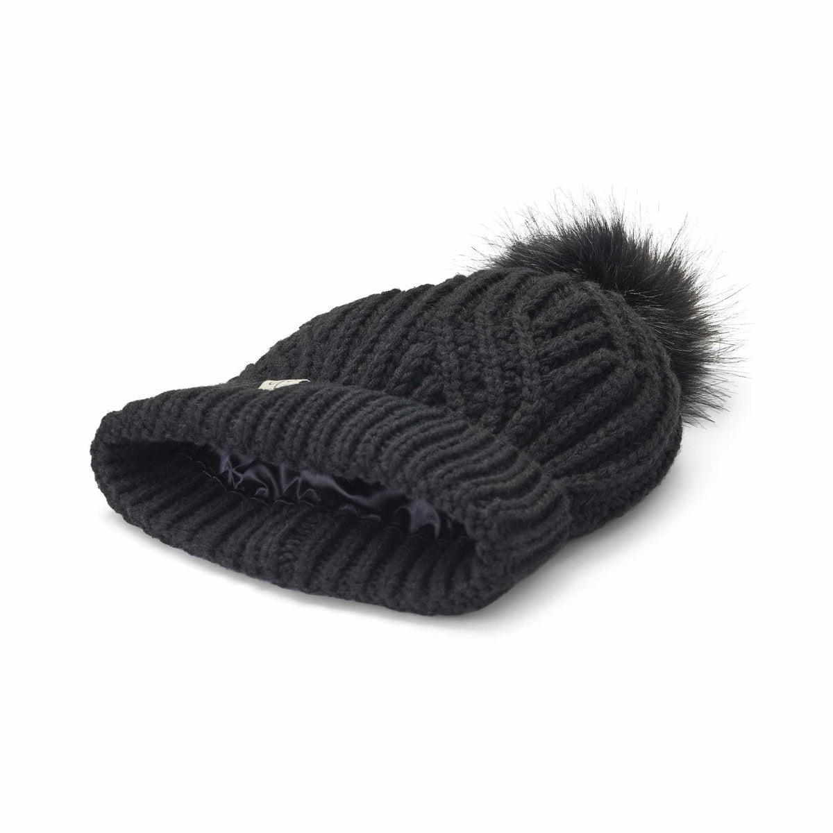 Only Curls Satin Lined Knitted Beanie Hat - Black with Pom Pom - Only Curls