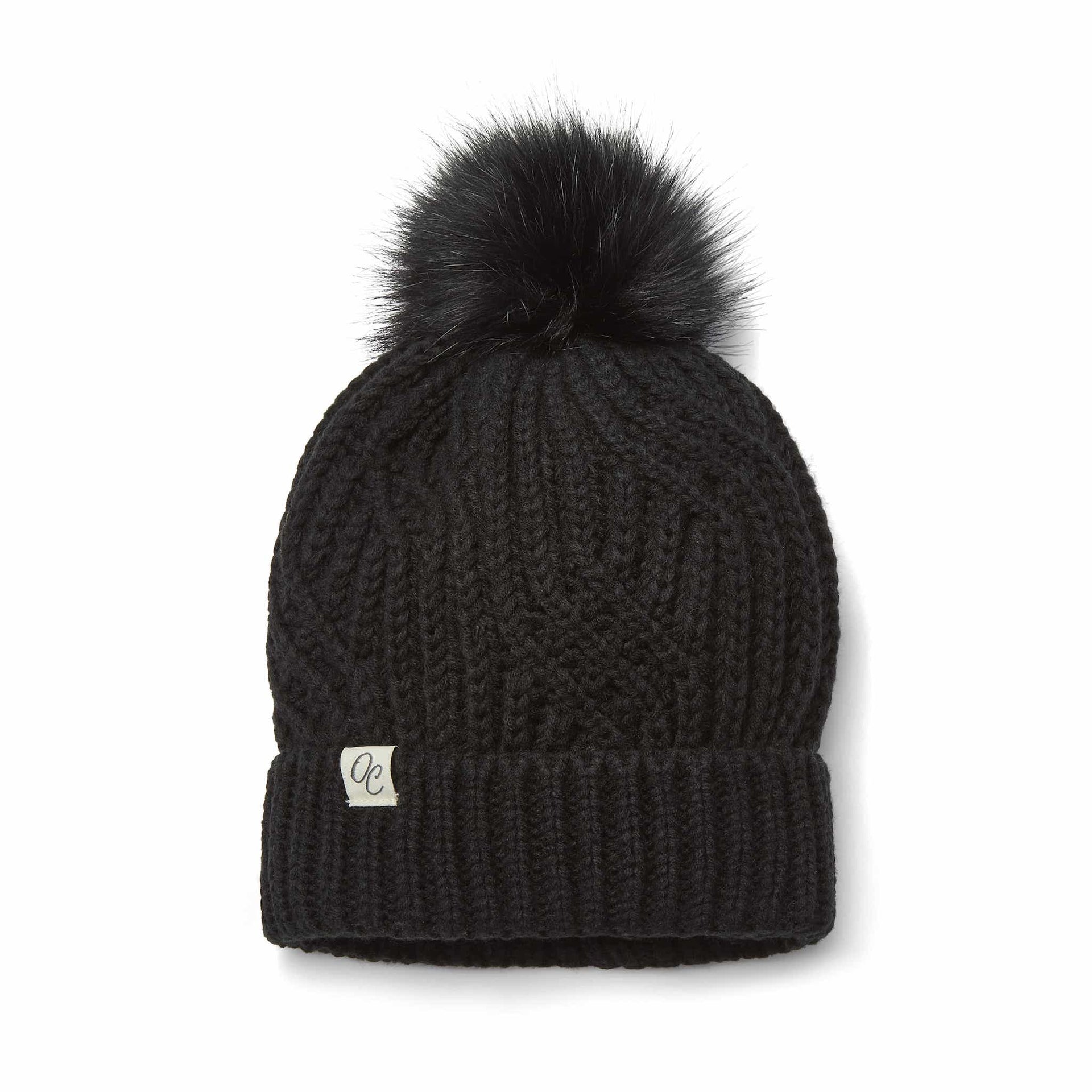 Only Curls Satin Lined Knitted Beanie Hat Black with Pom Pom