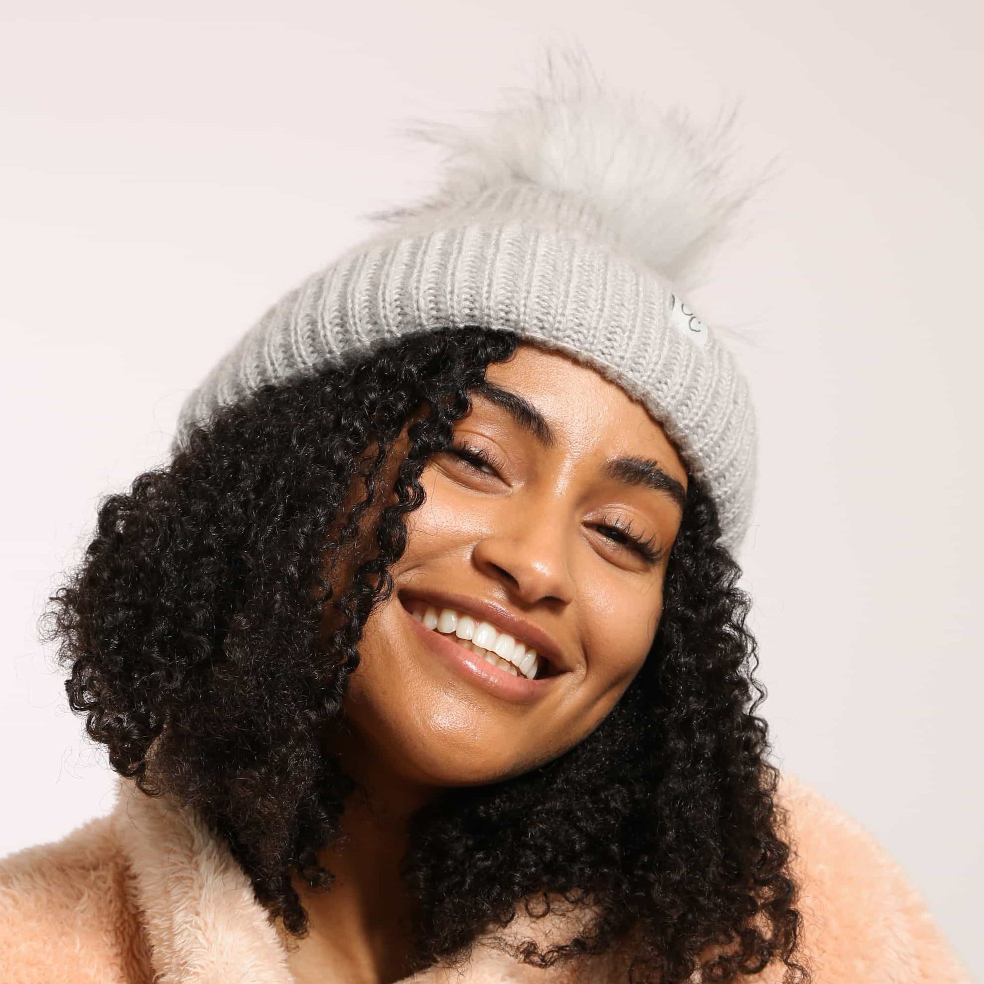 Only Curls Satin Lined Knitted Beanie Hat - Grey with Pom Pom - Only Curls