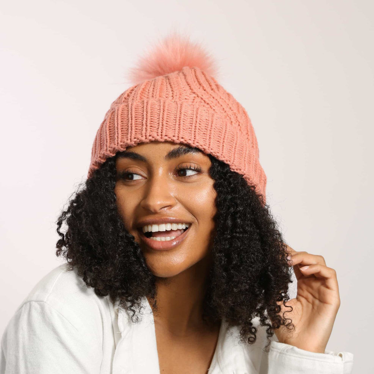 Only Curls Satin Lined Knitted Beanie Hat - Dusty Coral with Pom Pom - Only Curls