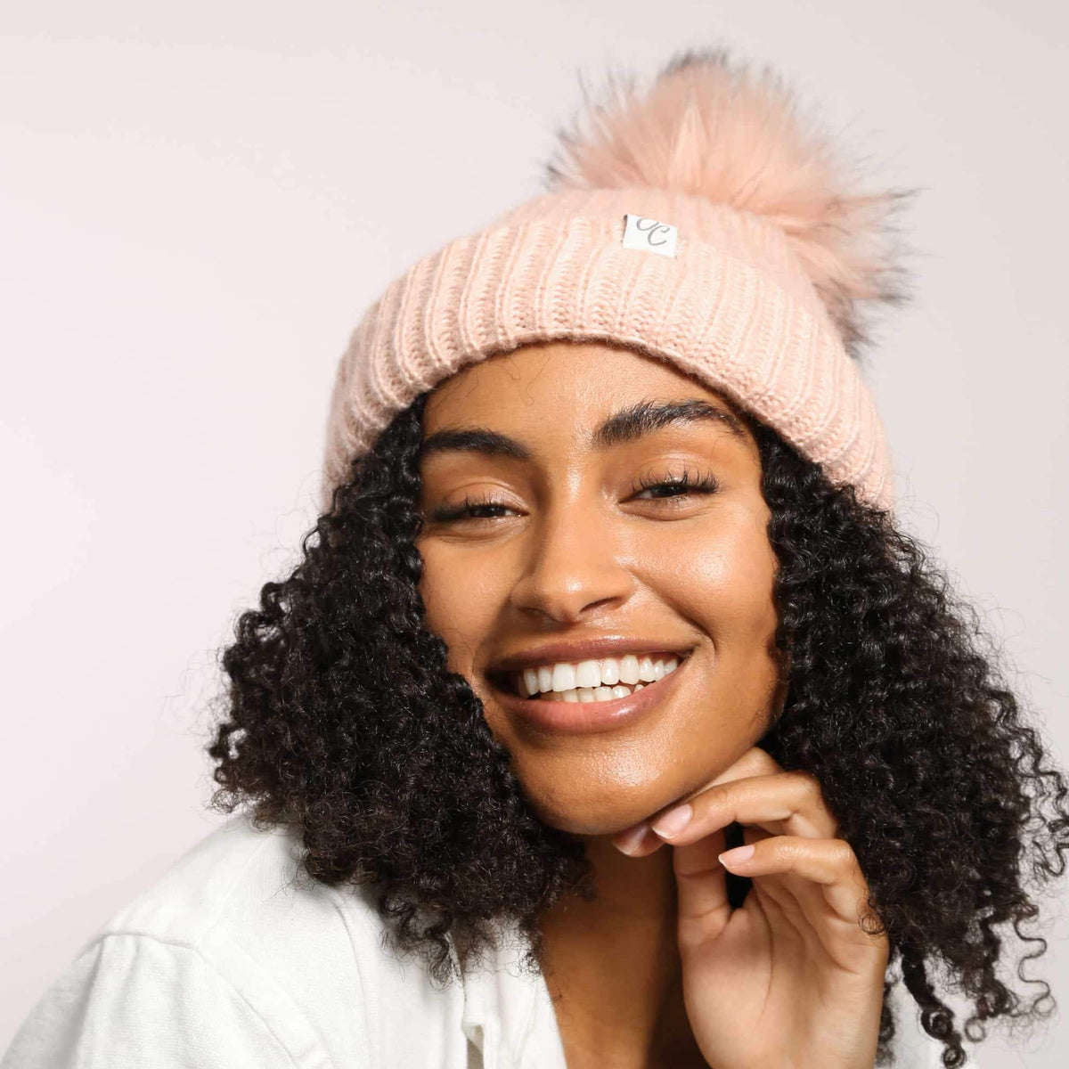 Only Curls Satin Lined Knitted Beanie Hat - Dusty Pink with Pom Pom - Only Curls
