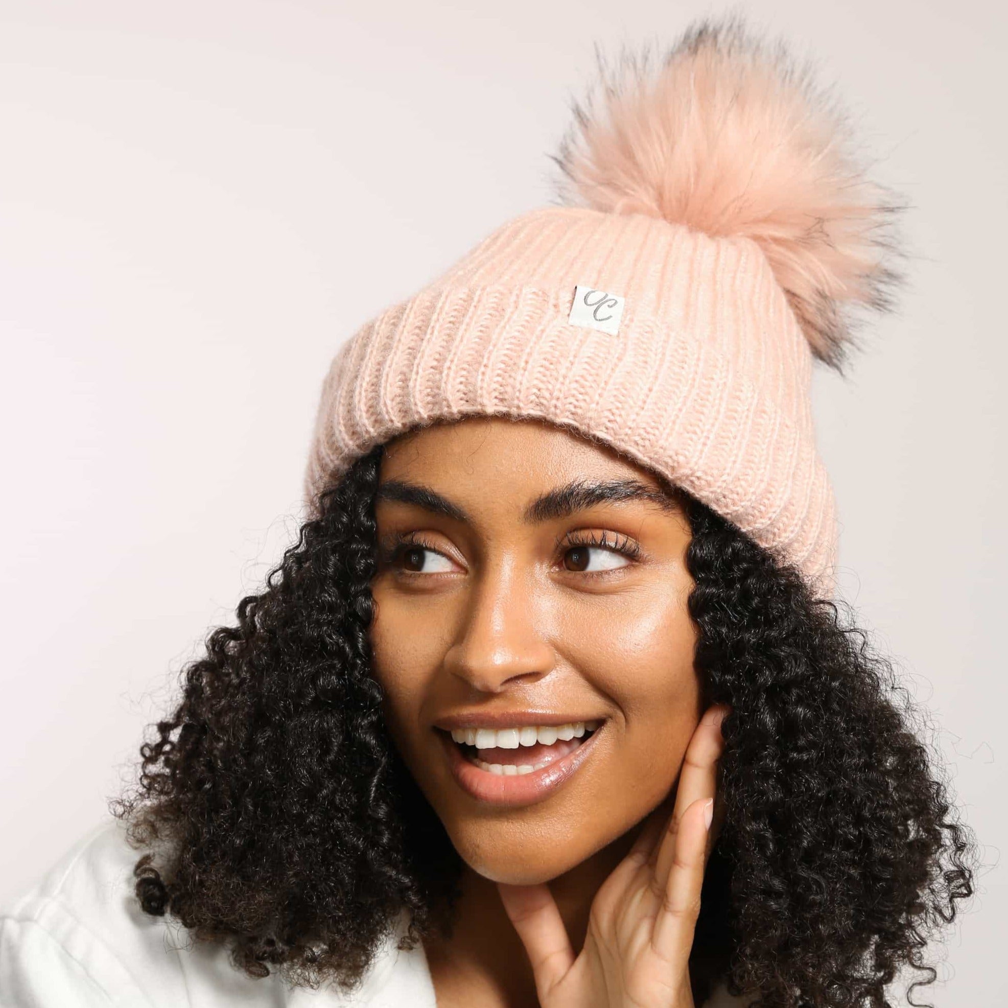 Only Curls Satin Lined Beanie Hat Pink With Pom Pom