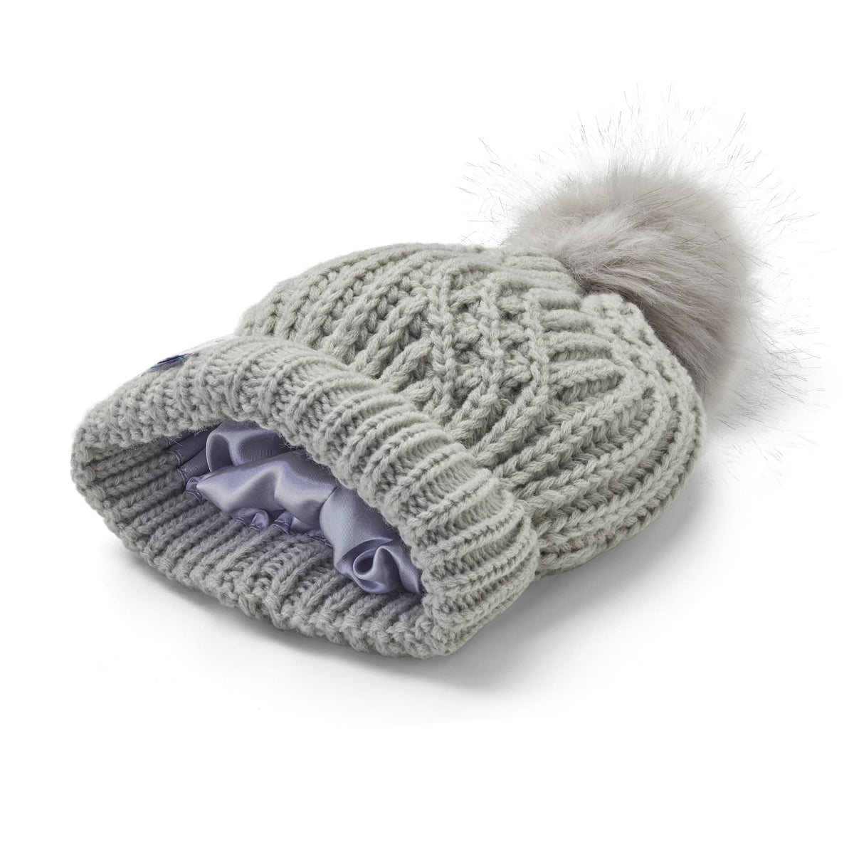 Little Curls Satin Lined Knitted Beanie Hat - Grey with Pom Pom - Only Curls