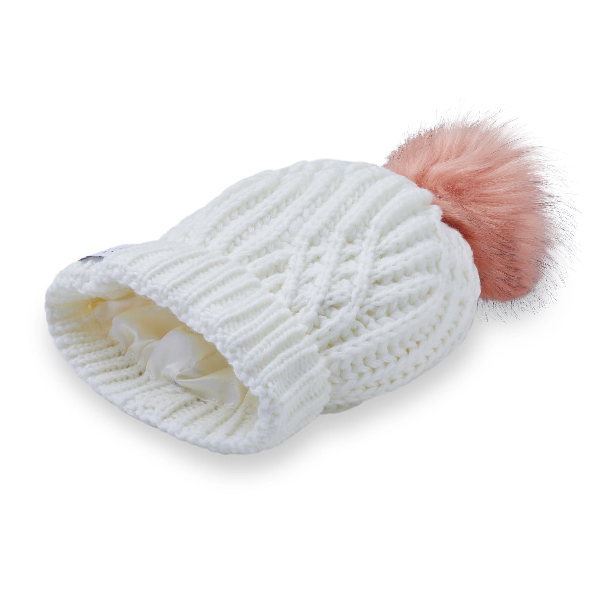 Little Curls Satin Lined Knitted Beanie Hat - Ivory with Pom Pom - Only Curls