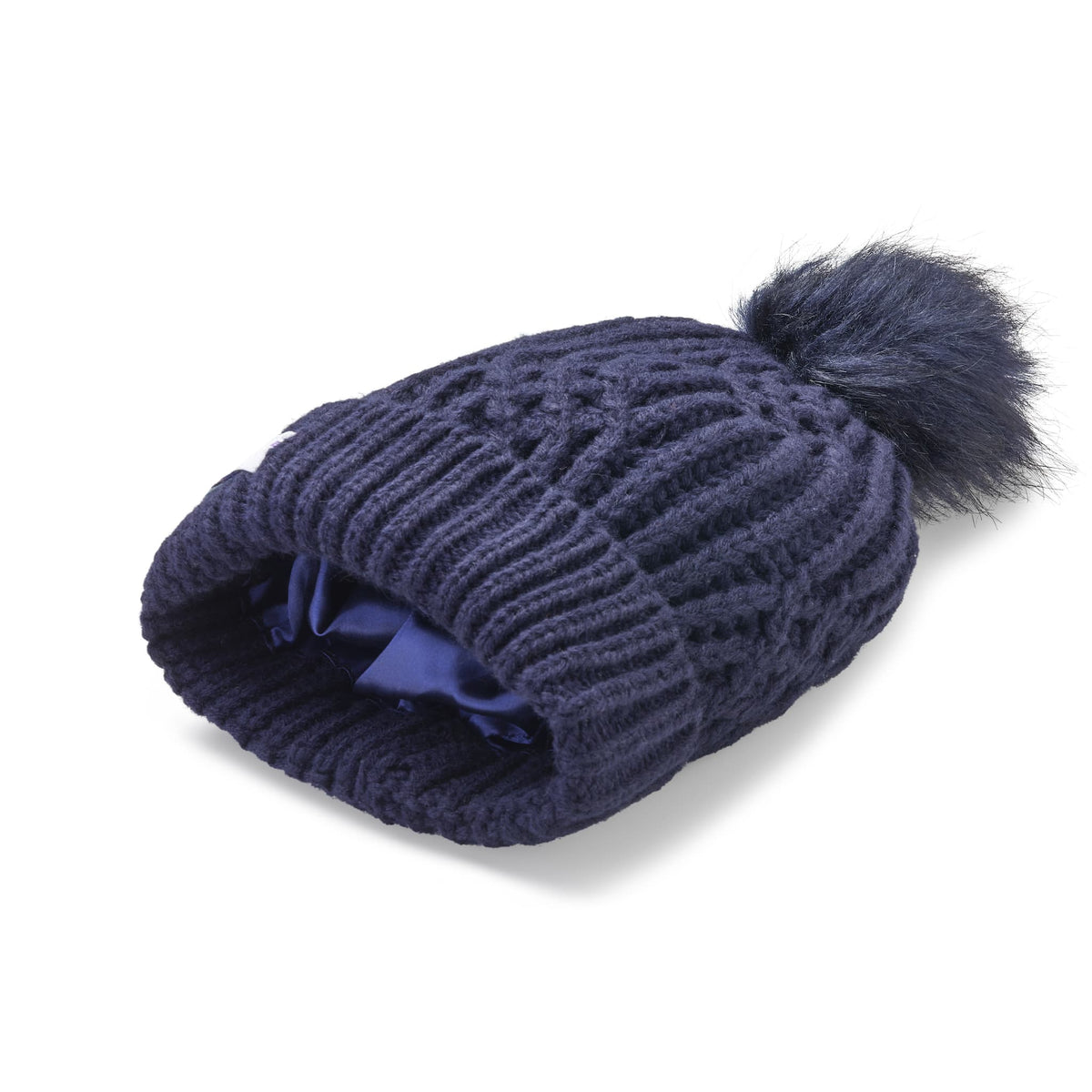 Pompom Beanie Navy Pom Beanie Little Curls Satin Lined Knitted Beanie Hat Navy With Pom Pom