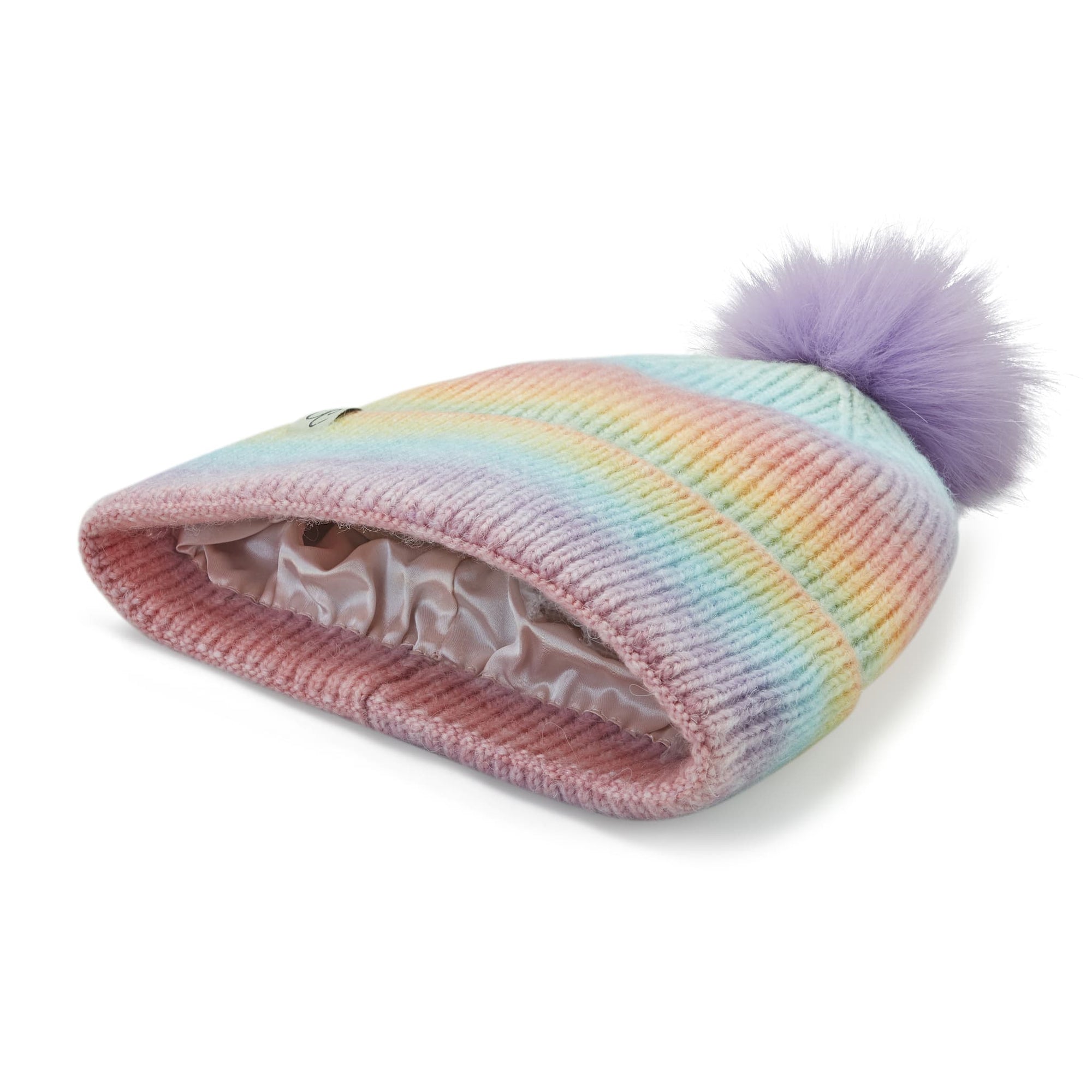 Only Curls Satin Lined Knitted Beanie Hat - Rainbow with Pom Pom - Only Curls