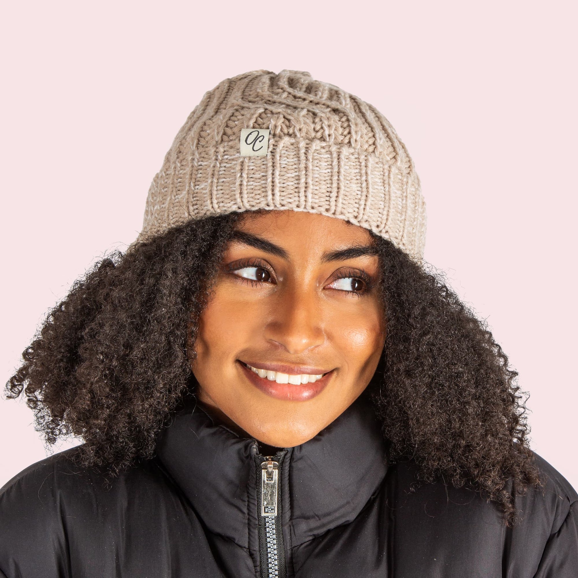 Only Curls Satin Lined Knitted Beanie Hat - Sand Melange - Only Curls